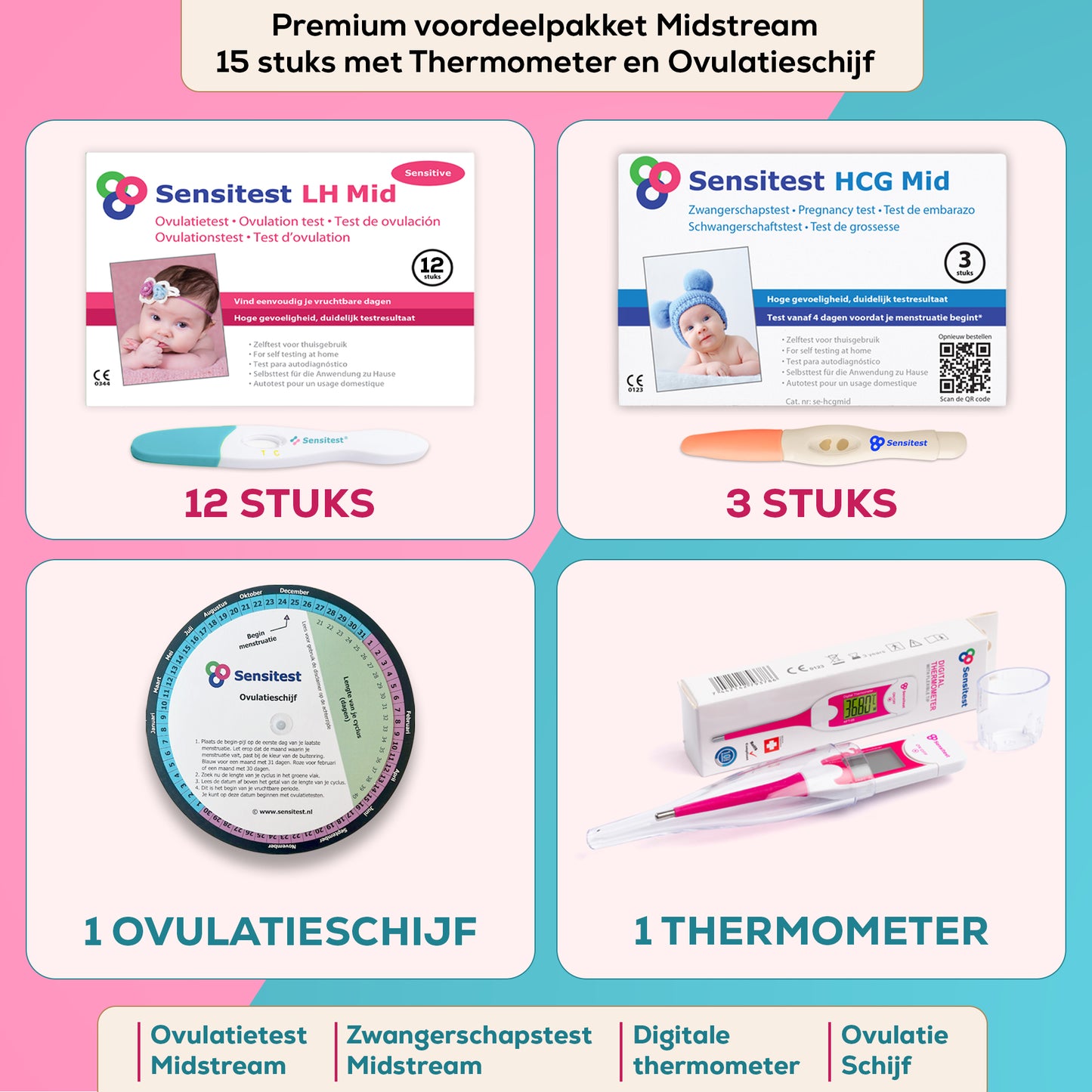 Sensitest Kinderwens Luxe Pakket – 12 Ovulatietesten, 3 Zwangerschapstesten, Ovulatiethermometer & Ovulatieschijf