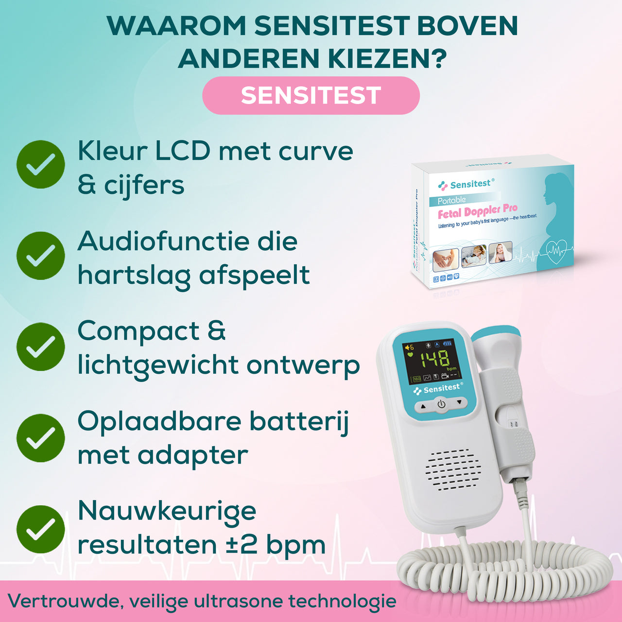 Sensitest Fetal Doppler – Baby-hartje monitor + Ultrasound Gel (1x)