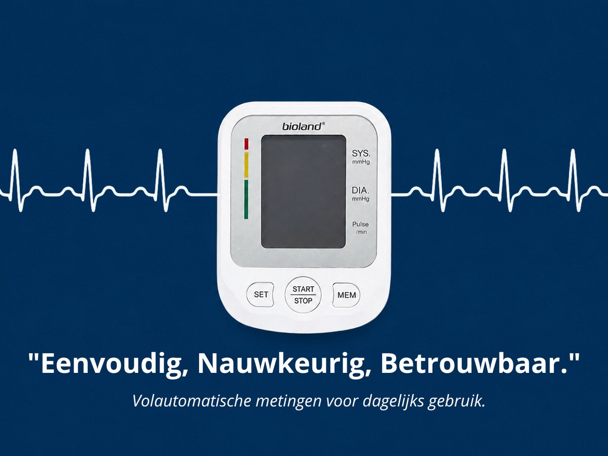 Bioland Bloeddrukmeter Bovenarm - Indicator voor Hoge bloeddruk en Onregelmatige Hartslag - Manchet 22-42cm