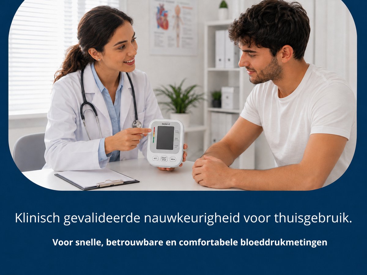 Bioland Bloeddrukmeter Bovenarm - Indicator voor Hoge bloeddruk en Onregelmatige Hartslag - Manchet 22-42cm