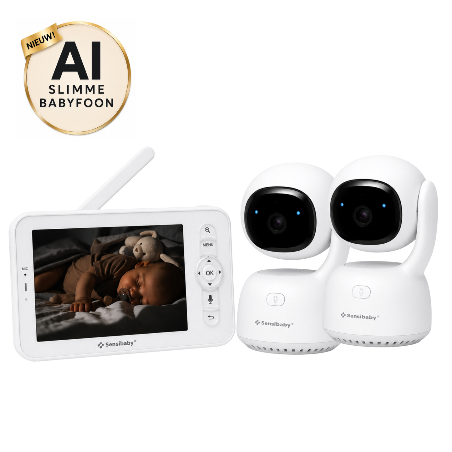 Slimme AI Babyfoon met 2 camera's en App, 355° Draaibaar, AI Detectie & Gratis 64GB SD-Kaart